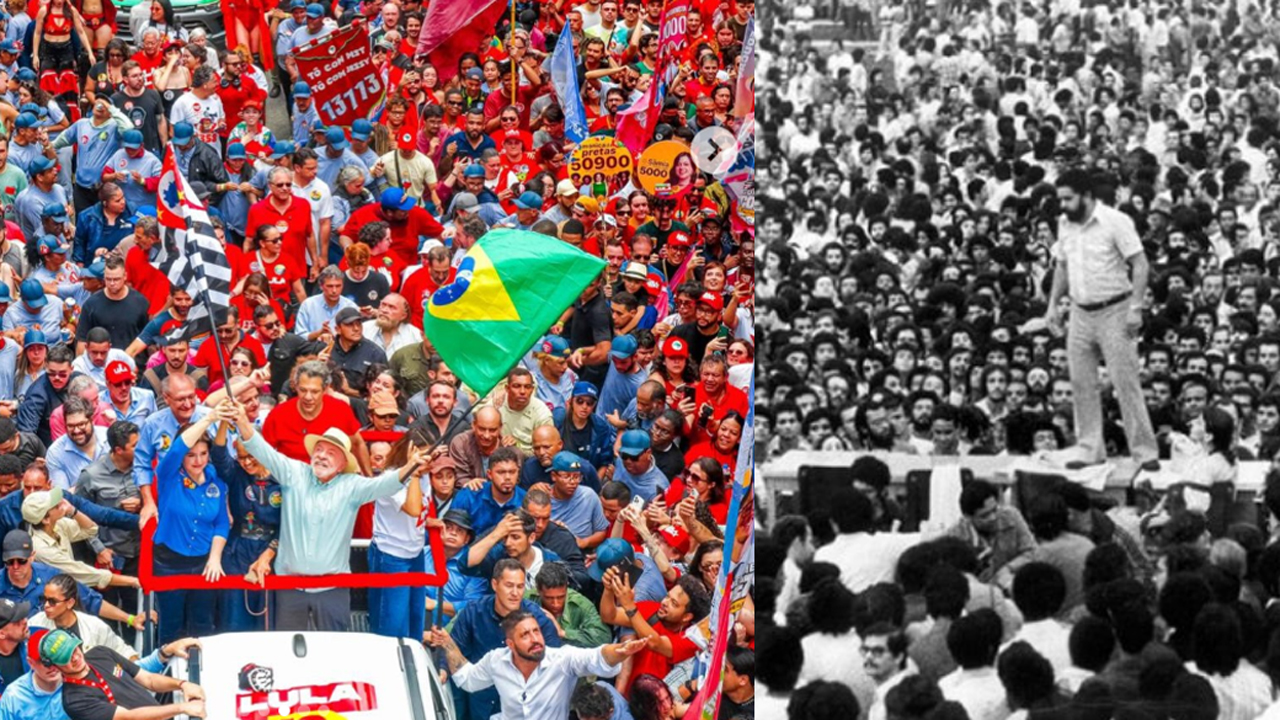 A la izquierda, el actual presidente Lula Da Silva en su cierre de campaña el sabado pasado. A la derecha, Lula en 1979 en la asamblea que reúne miles de trabajadores en el estadio de Villa Euclides.