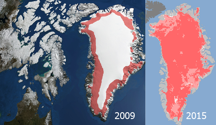 A la izquierda el deshielo de Groenlandia en 2009, y a la derecha en 2015 / Fotos: Science Visualization Studio - NASA