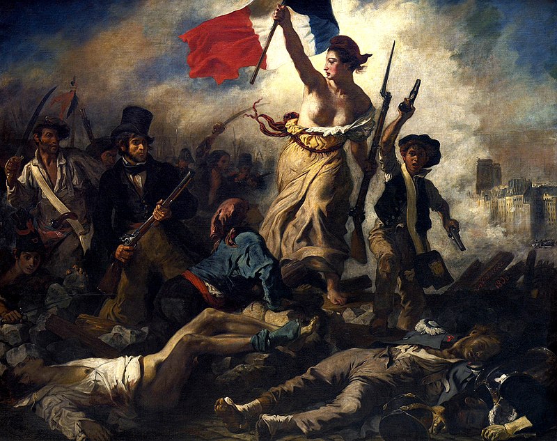 La Libertad guiando al pueblo, cuadro de Eugène Delacroix, erróneamente asociado a la Revolución de 1789, pese a que corresponde a los sucesos revolucionarios de los años 1830 (Museo del Louvre, París). 