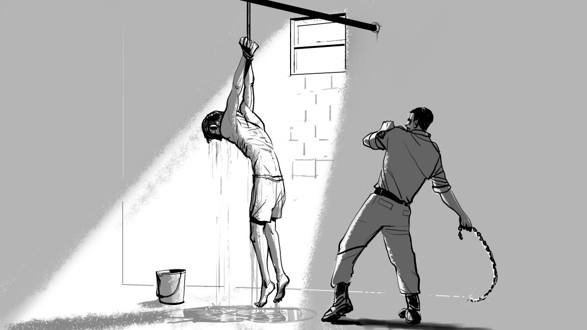 Dibujo de John Holmes para Human Rights Watch sobre el relato de un hombre tortura en una cárcel de Irak. Foto: HRW