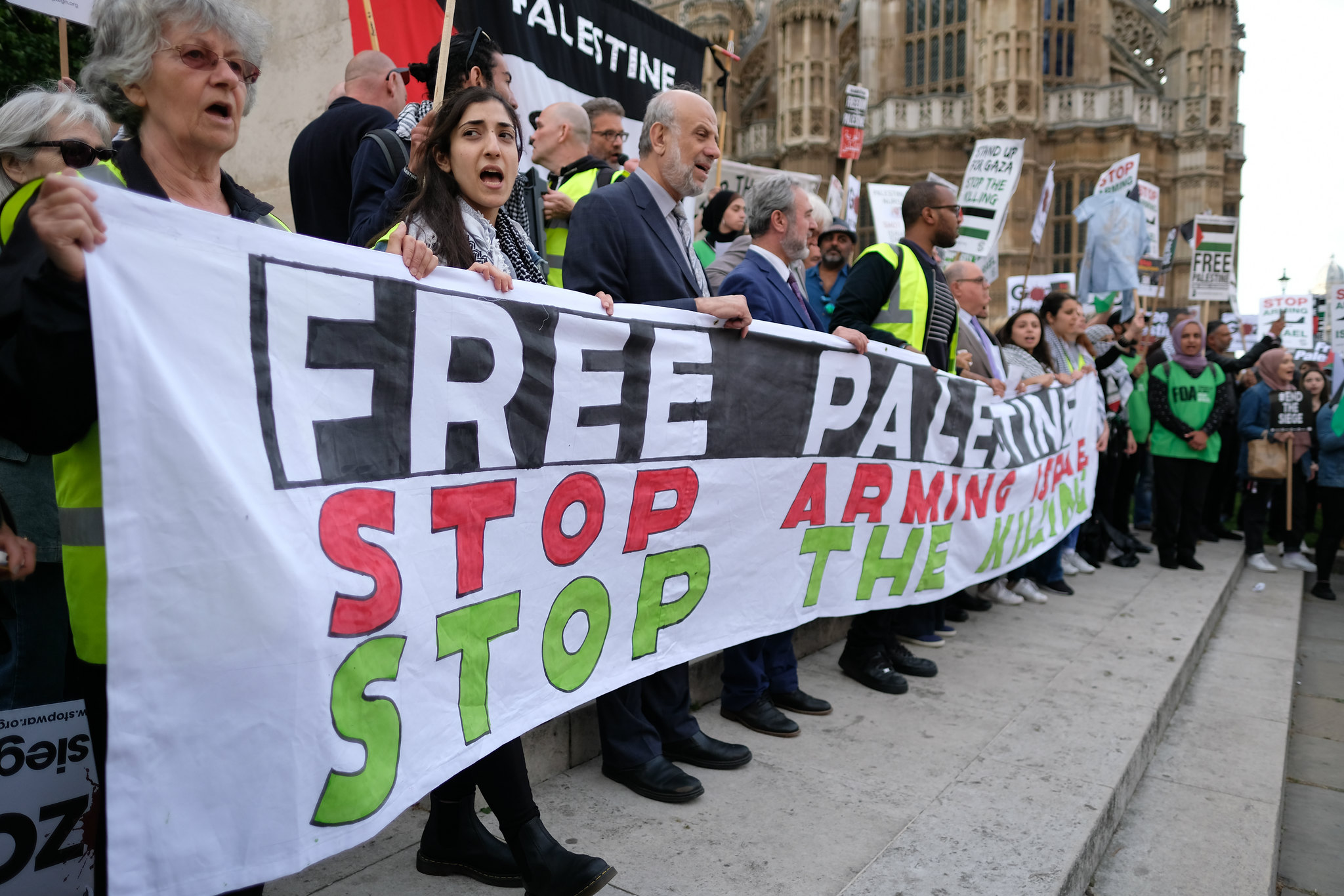 Un grupo de manifestantes protestan en apoyo a Palestina frente al Parlamento británico en junio de 2018. Foto de archivo cortesía de Alisdare Hickson / Flickr
