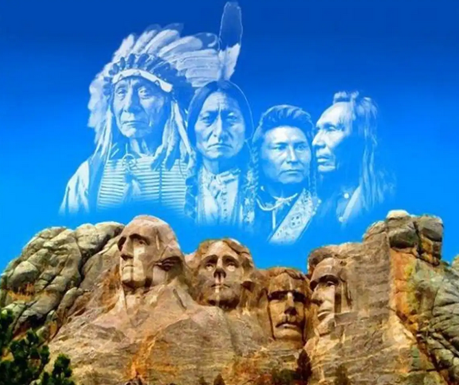 Foto: Mount Rushmore con imágenes de líderes Lakota Sioux superpuestas / Diario Indian Country Today.