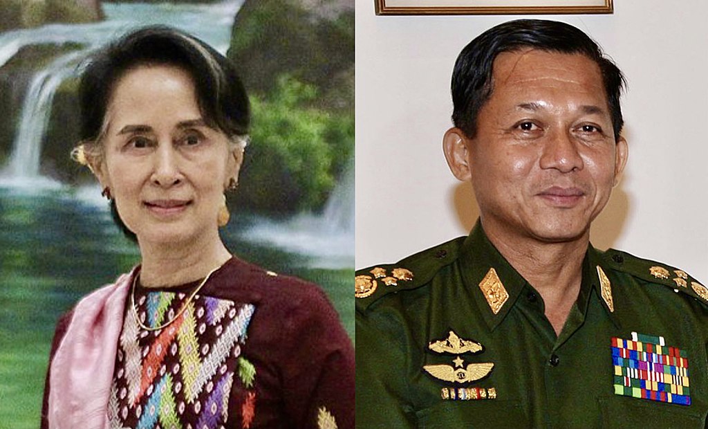 A la izquierda, la consejera del gobierno de Myanmar, Aung San Suu Kyi. A la derecha, el general Min Aung Hlaing. Fotos: Wikimedia Commons 