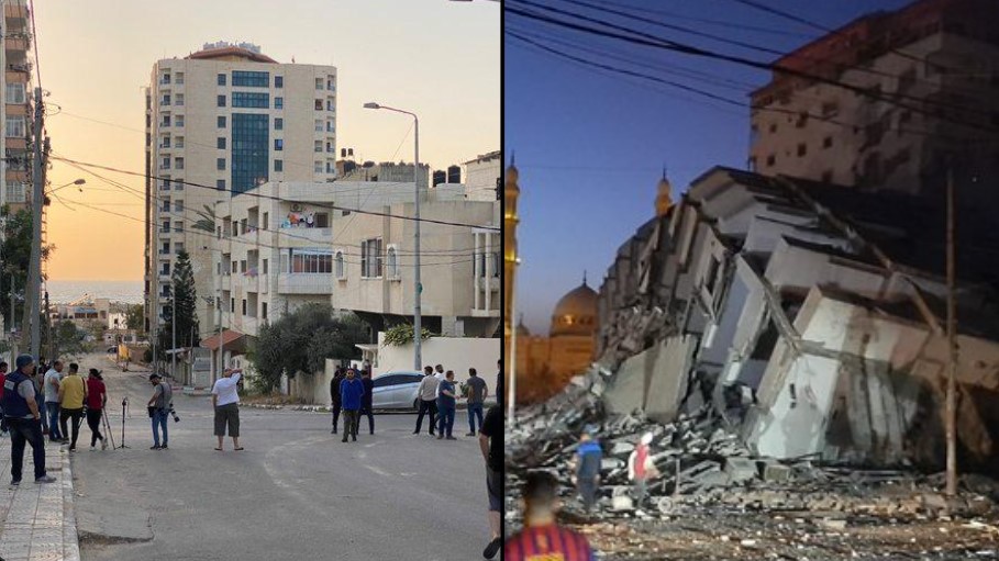 Imagen del antes y el después de los bombardeos de esta semana por parte de Israel a territorios palestinos. Fotos: Twitter / HoyPalestina