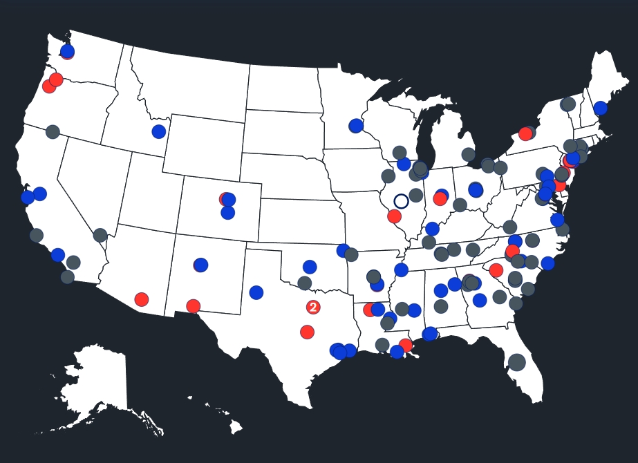 Mapa de calor de los tiroteos escolares en Estados Unidos en lo que va del año
