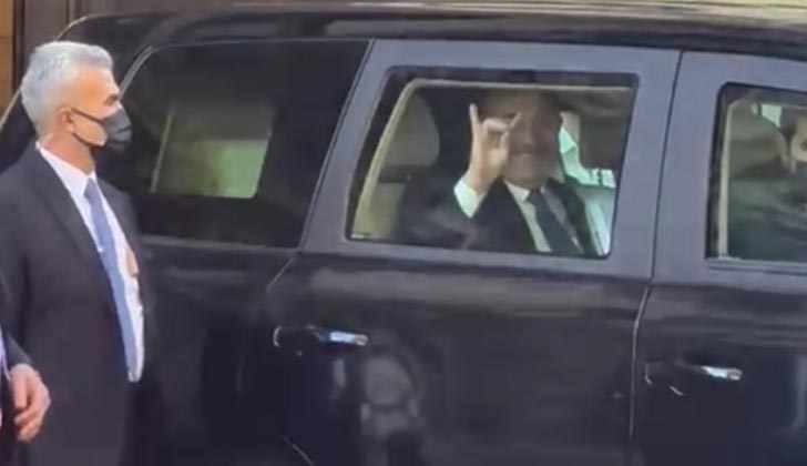 Turkish Foreign Minister Mevlüt Çavuşoğlu making a salute "gray wolves" the Armenian community in Uruguay.
