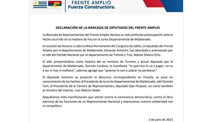 Deputy Antonini of the FA filed a criminal complaint for threats from the white mayor of Treinta y Tres statement