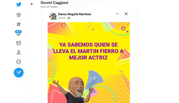 Tuit de Caggiani con la captura de pantalla de  la publicación de Martínez. Foto: Twitter.