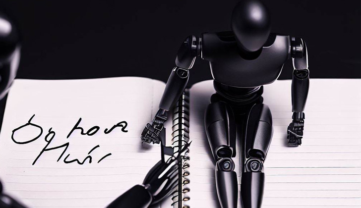 Imagen creada con la inteligencia artificial de Microsoft Bing bajo la premisa: “Un robot, queriendo ser humano, como soñando tener alma, escribiendo en un cuaderno”.