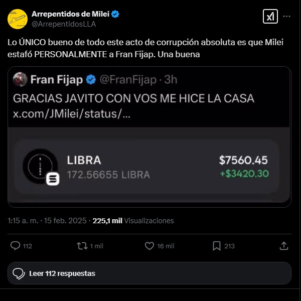 Luego de mostrar sus ganancias, Fijap se da cuenta de que $LIBRA es más bien un engaño que lo dejó sin nada en su inversión. X: ArrepentidosDeMilei