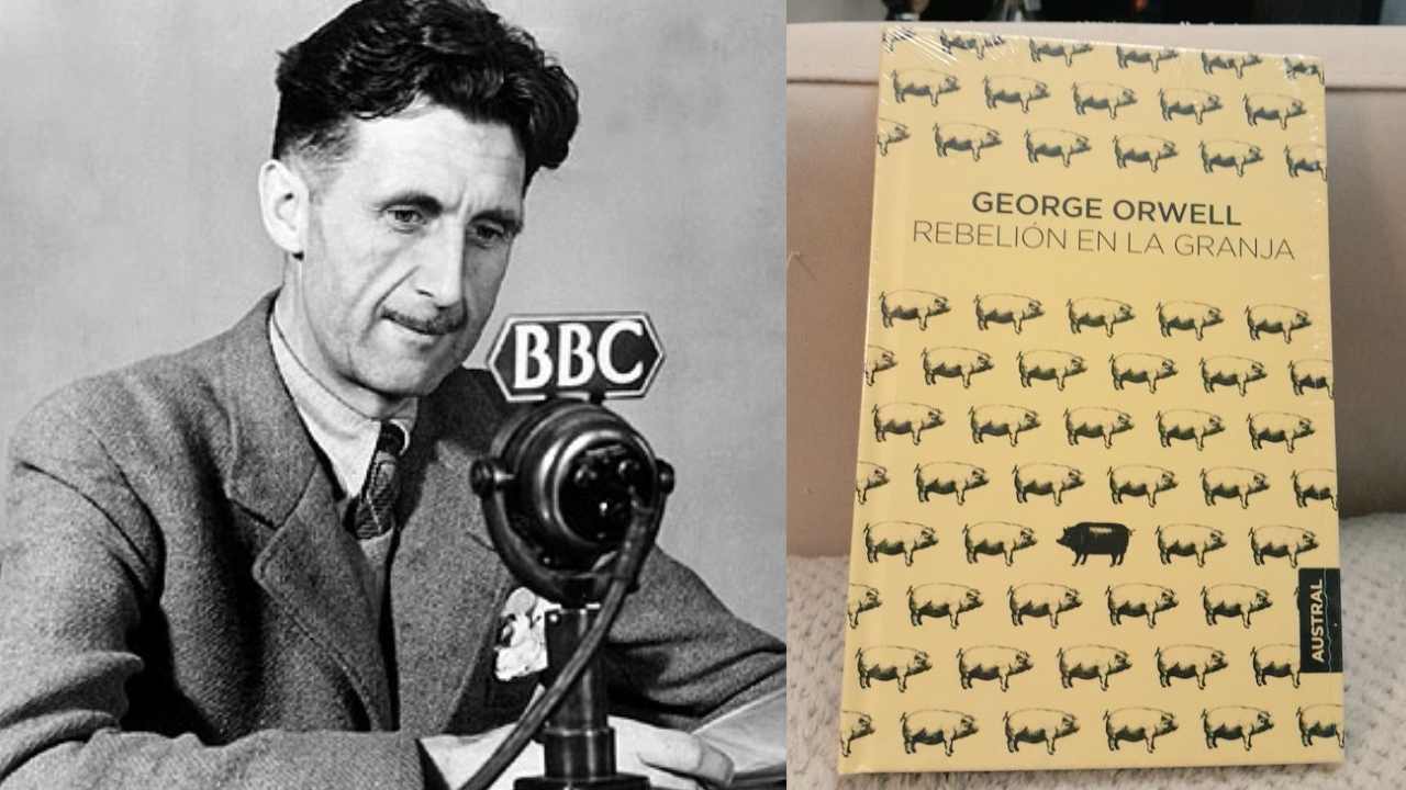 George Orwell en la BBC (izq) y su libro “Rebelión en la Granja”, publicado el 17 de agosto de 1945