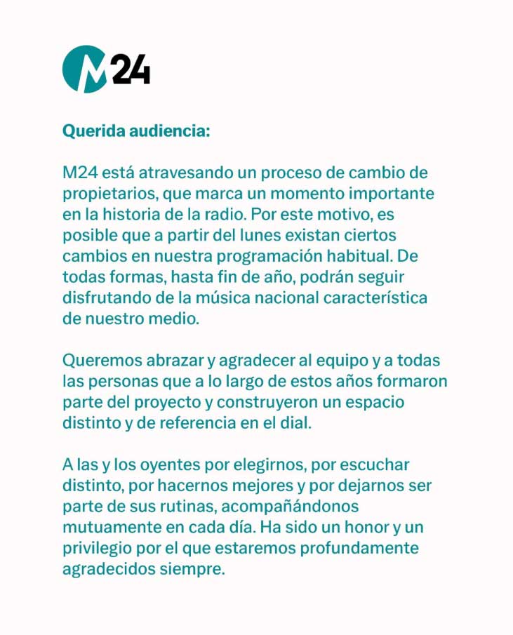 Mensaje publicado por la emisora M24 en sus redes sociales.