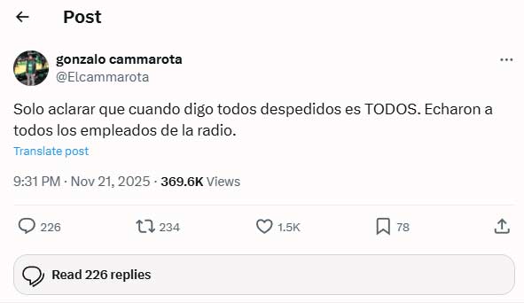 Twit del periodista Cammota. conductor de programa en M24.
