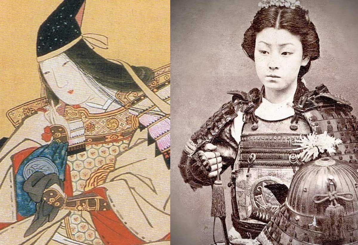 A la izquierda, un retrato de Tomoe Gozen, la legendaria valiente Samurai que lucho durante los años 