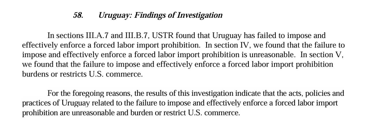 La sección del documento dedicado a Uruguay