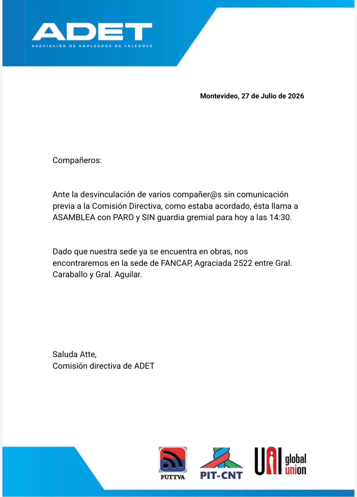 Comunicado de ADET