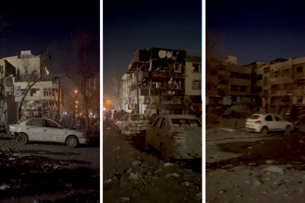 Fotogramas de un video que muestran el impacto del ataque sobre edificios y vehículos en la plaza Niloufar. (VahidOnline)
